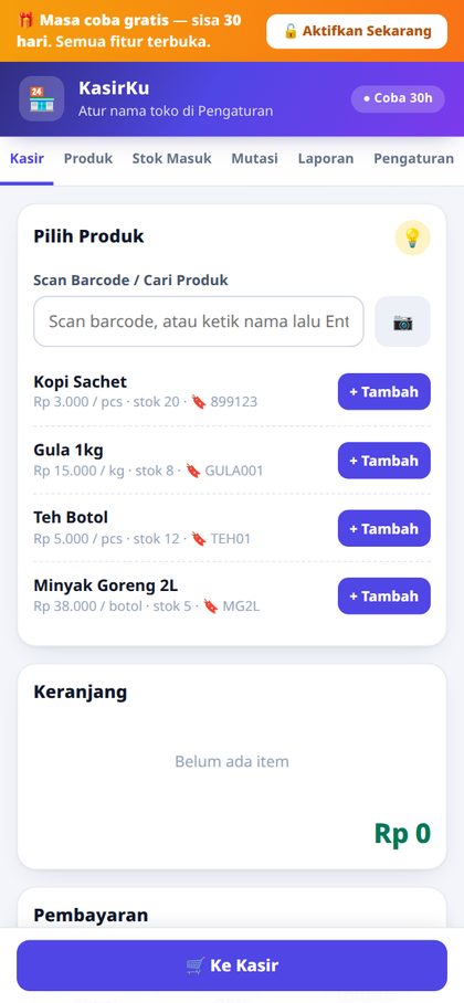 Tampilan aplikasi kasir KasirKu di HP